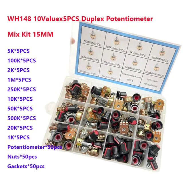 200szt Wh148 Dual Gang Stereo 6pin Potentiometer kit1K 2K 5k 10k 20K 100k 50K 1M 250k 500k z pokrętłami Pojedynczy zestaw Nakrętki wału 15MM