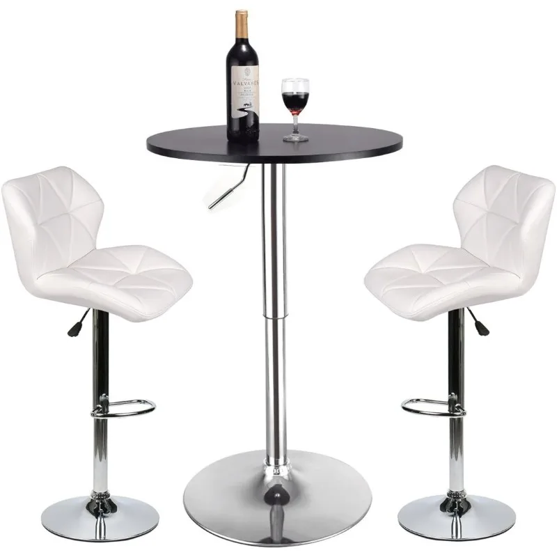 

Bar Table Set of 3 – Adjustable Round Table and 2 Swivel Pub Stools (Black Table and Red Chairs-1)