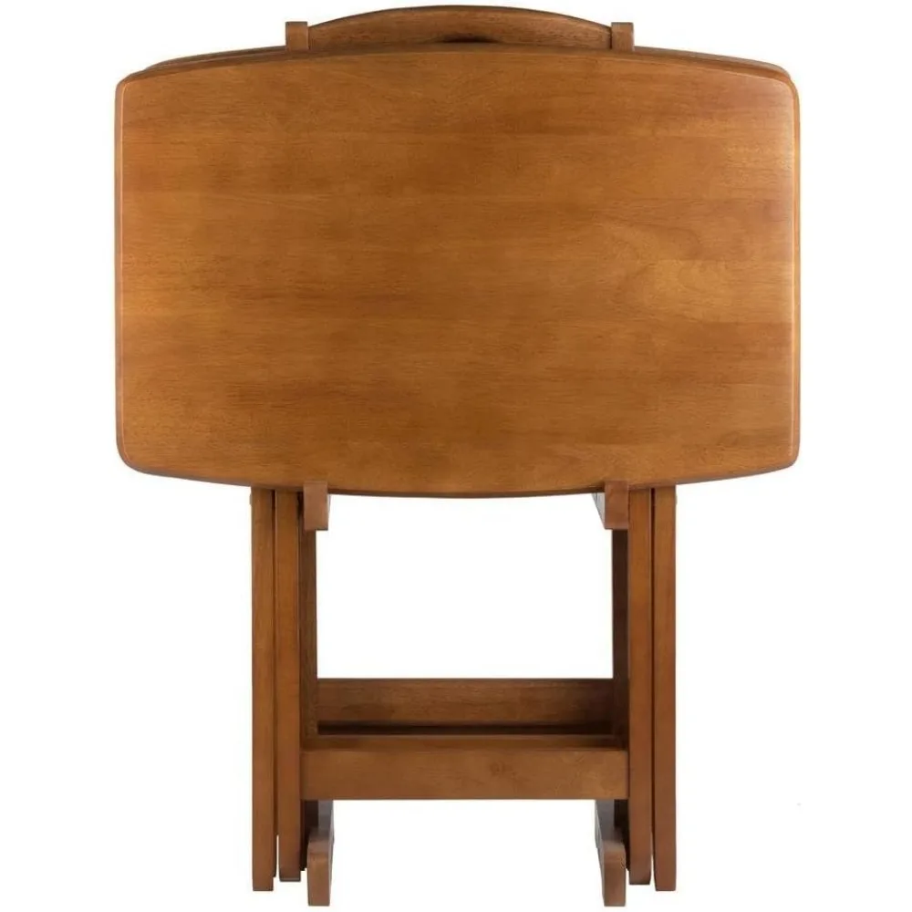 مجموعة طاولات وجبات خفيفة كبيرة من خشب الساج مكونة من 4 قطع مع حامل - طاولات خشبية متينة لتناول الطعام والعمل والترفيه