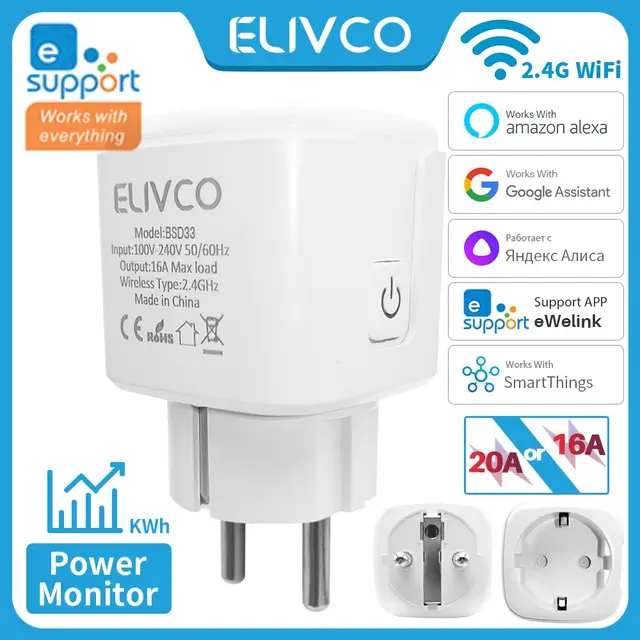 EWelink 16A/20A inteligentna wtyczka WiFi gniazdo ue z funkcją monitorowania czasu zasilania obsługa Alexa Google Home Alice SmartThimgs IFTTT