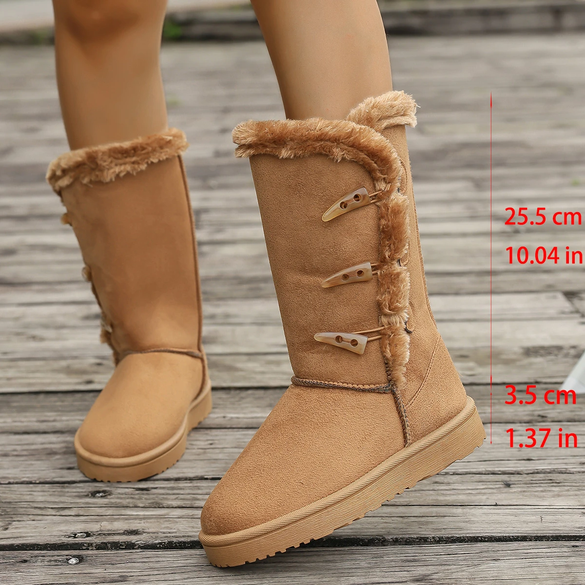 Damen-Schneestiefel, Winterstiefel mit mittlerer Wade, warme Baumwollschuhe, modisch, einfarbig, Knopf, Damen, braun, lange Stiefel, Übergröße 42