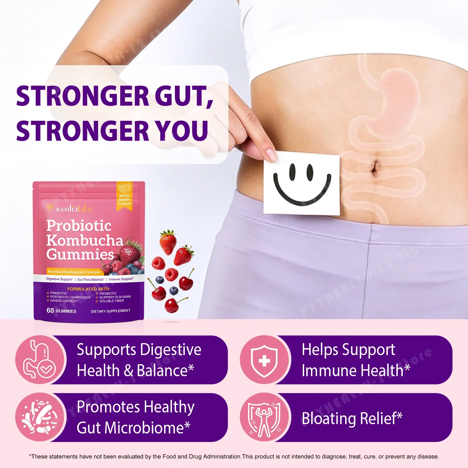 Probiotic Kombucha Gummies with Pre & Postbiotics for Digestive Health, Gut Microbiome & Immune Support, Mixed Berry Flavor