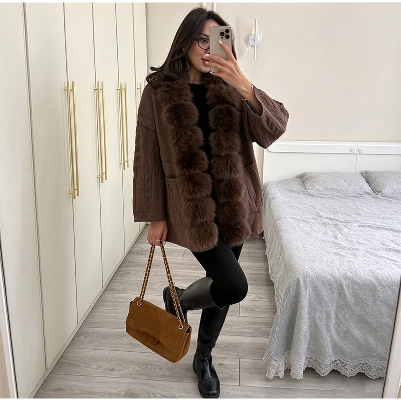 Cable Knit Cardigan with Faux Fur Collar — product details 25