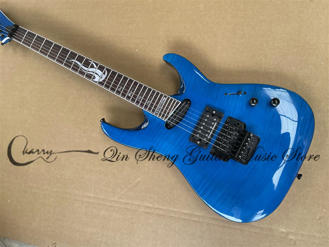 Blue Electric Guitar Flamed Maple Top Maple Neck Though Body Rosewood Fingerboard flame inlaid Tremolo bridge Black tuners