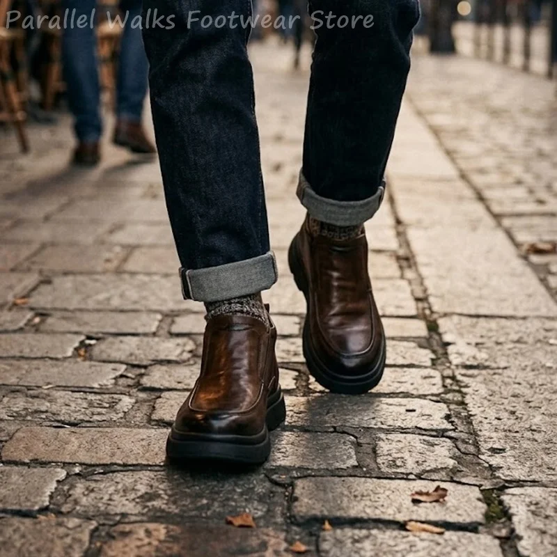Chunky Chelsea Boots Men Vintage Moc Toe Ankle Boot Fall Winter Minimalist Commute Loafers Fashion Casual Footwear for Man