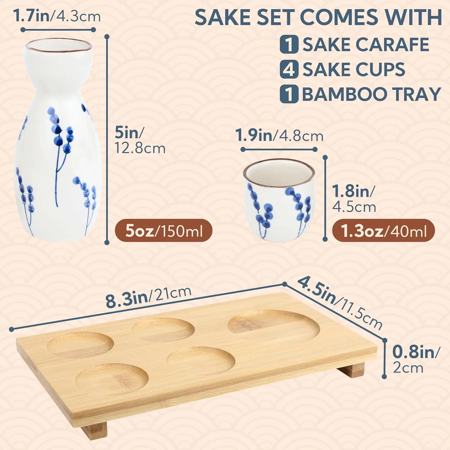 Ceramic Sake Set, 5pcs Japanese Saki Set with 1 Sake Carafe 4 Sake Cups, Saki Cup Set for Hanzo Sake/Soju/Sake Drink/Saki Drink