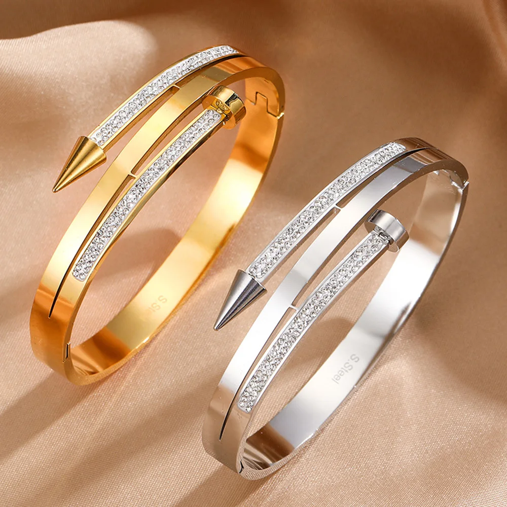 New stainless steel nail rhinestone bracelet gold plated non-fading women's bracelet wholesale