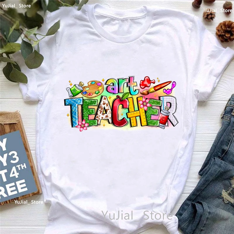 

Rainbow Art Teacher Graphic Printed Tshirt Girls Teaching Is A Work Of Heart T Shirt Women Funny Casual White/Pink/Gray T-Shirt