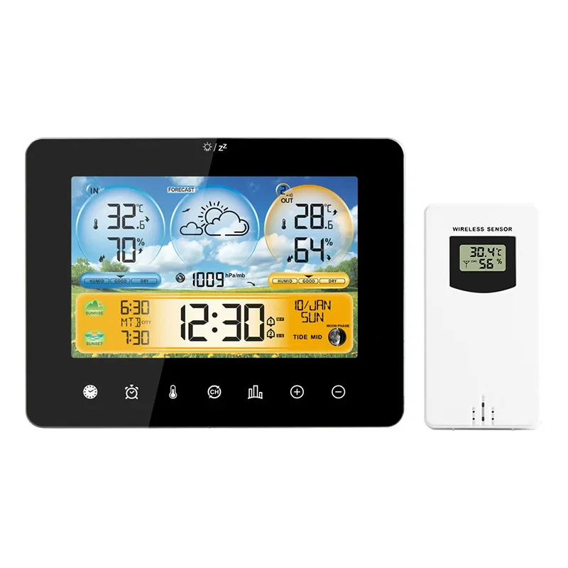 Digital LCD Weather Station Thermometer Indoor Temperature Humidity Meter Touch Color Screen Weather Forecast Station for Home