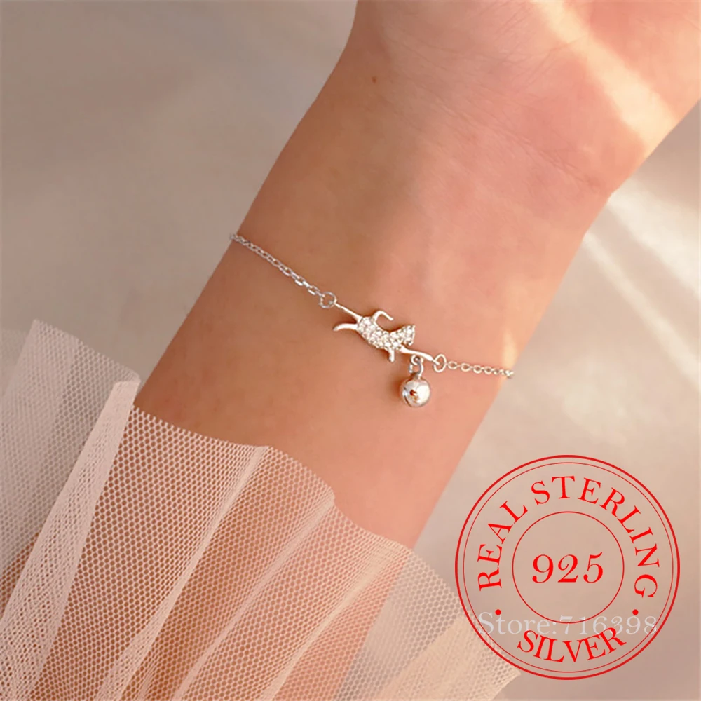 

925 Sterling Silver Tassel Crystal Cat Bell Charm Bracelet For Women Elegant Bracelets & Bangles Wedding Party Jewelry Pulsera