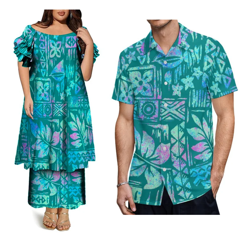 폴리네시아 사모아 그린 커플 세트 여성 푸레타시 드레스 탑과 롱 드레스 및 하와이안 남성 비치 패션 셔츠