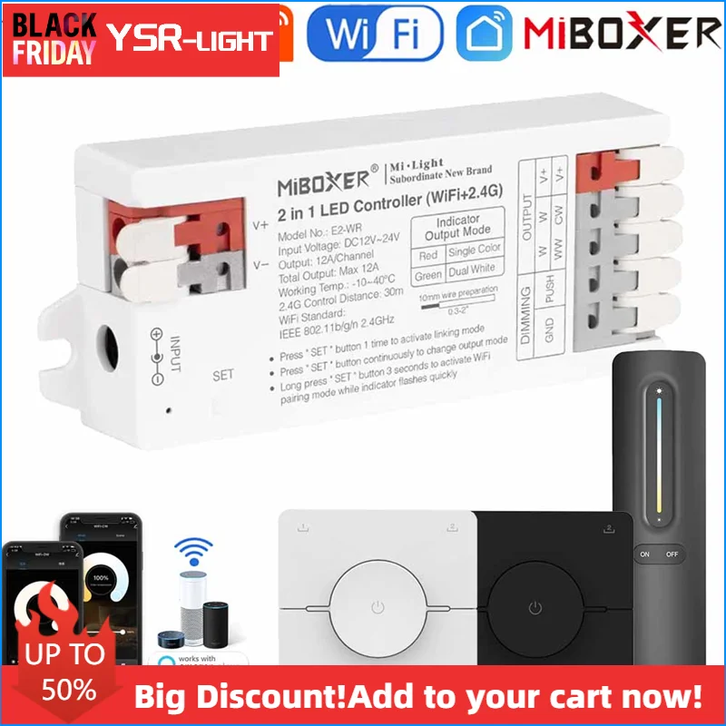 Miboxer Tuya WiFi 2in1 LED Strip Controller Tool-free 5050 COB DIM/CCT with RF RemoteVoice/ APP Control for Amazon Alexa Google