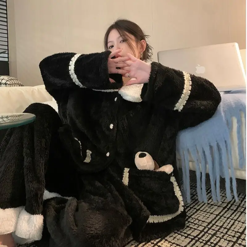 Winter Elegant Flannel Women Pajamas Set Solid Soft Long Sleeve 2 PCS Home Suit Female Thick Warm Coral Fleece Cozy Loungewear