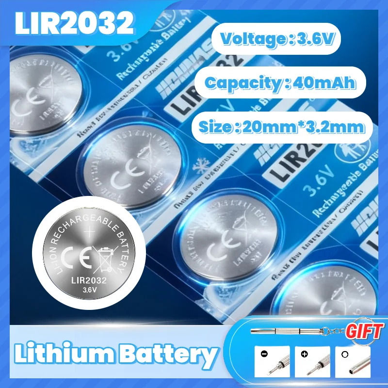 Convenient LIR2032 3.6V Lithium Rechargeable Coin Cell with Charger, High Capacity, Alternative to CR2032 Battery