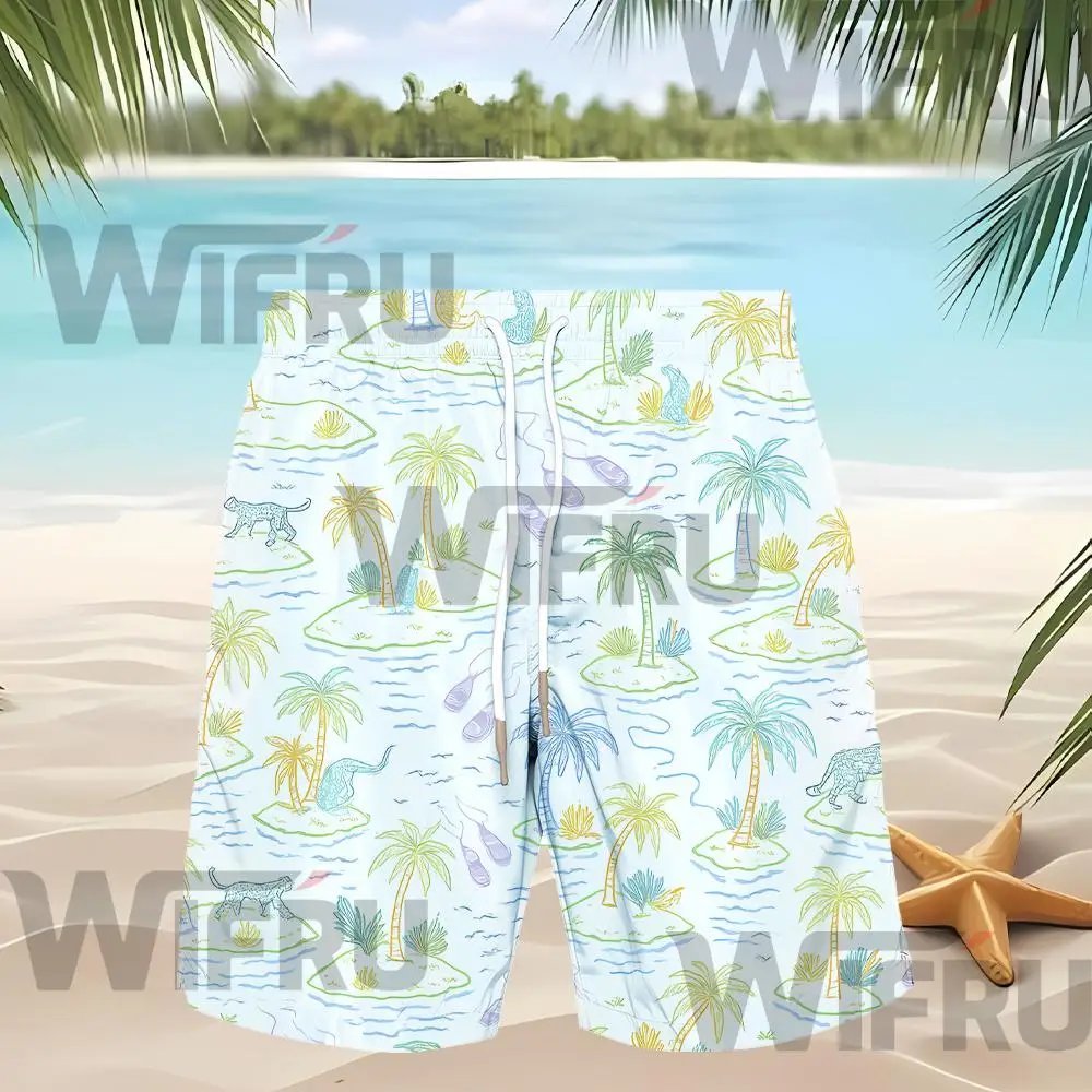 WIFRU Men's Breathable Holiday Hawaiian Beach Shorts Classic Palm Tree Pattern Casual Shorts Summer Loose Drawstring Swim Trunks
