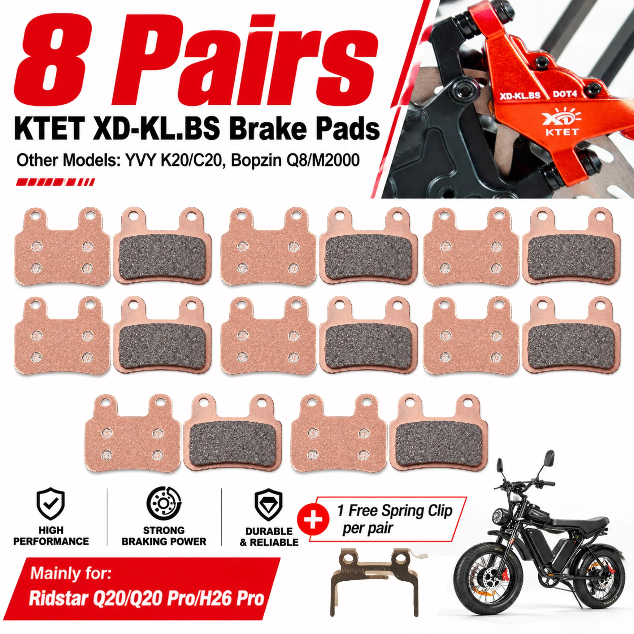 Bopzin Q8 Brake Pads Semi-Metallic, for KTET XD-KL.BS Caliper, M2000 C21 M22, E-Moto Disc Pad, Long Lasting