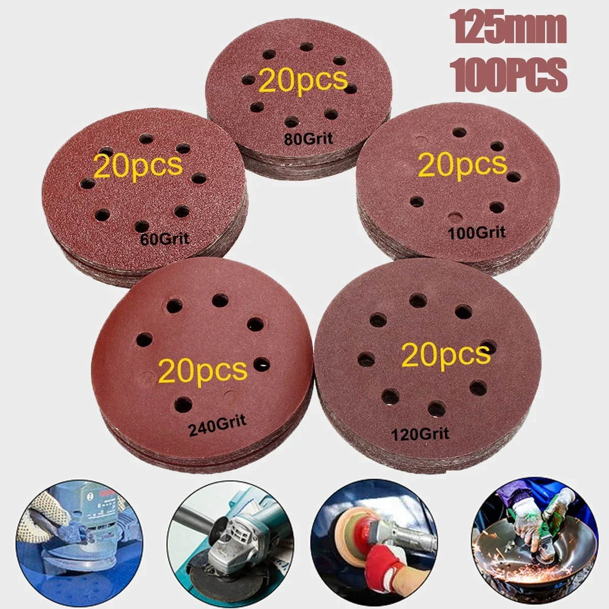 

100pcs 125mm/5'' Orbit Sanding Polishing Sheet Sandpaper Round Shape Sander Velcro Discs Mixed 60/80/100/120/240 Grit Polish Pad