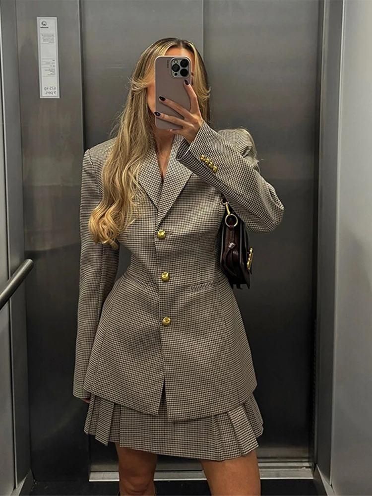 

Tartan Back Belt Suit Pleated Short Skirt Woman's Set Waist Cinching Turn-Down Collar Jacket Plaid Mini Skirt Elegant Women Sets