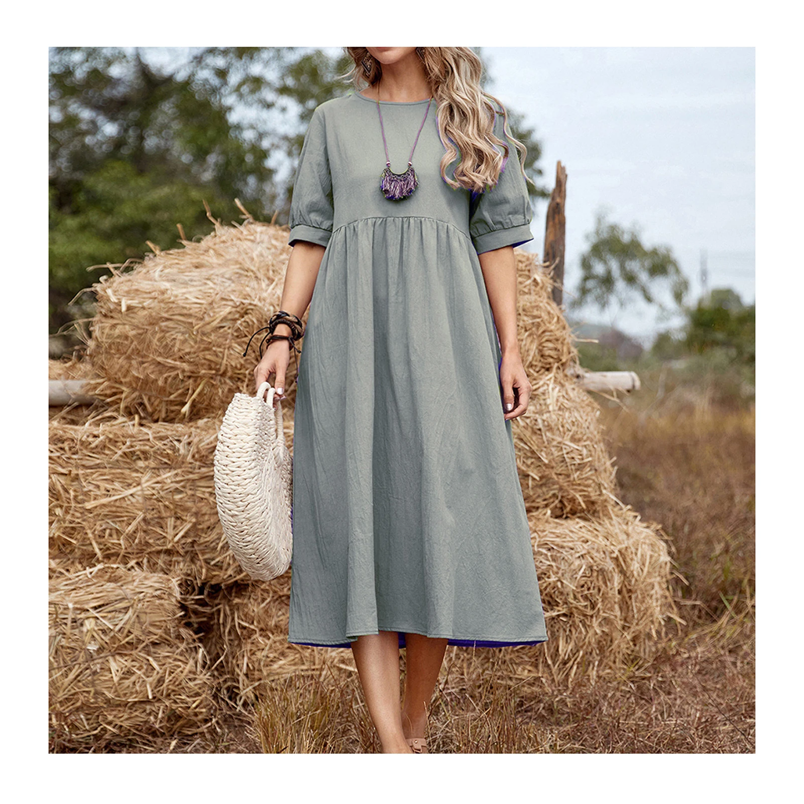 

Women Summer Solid Midi Dress Round Neck Cotton Dress Loose Waist Style Lightweight Soft Fashionable 1 Pc