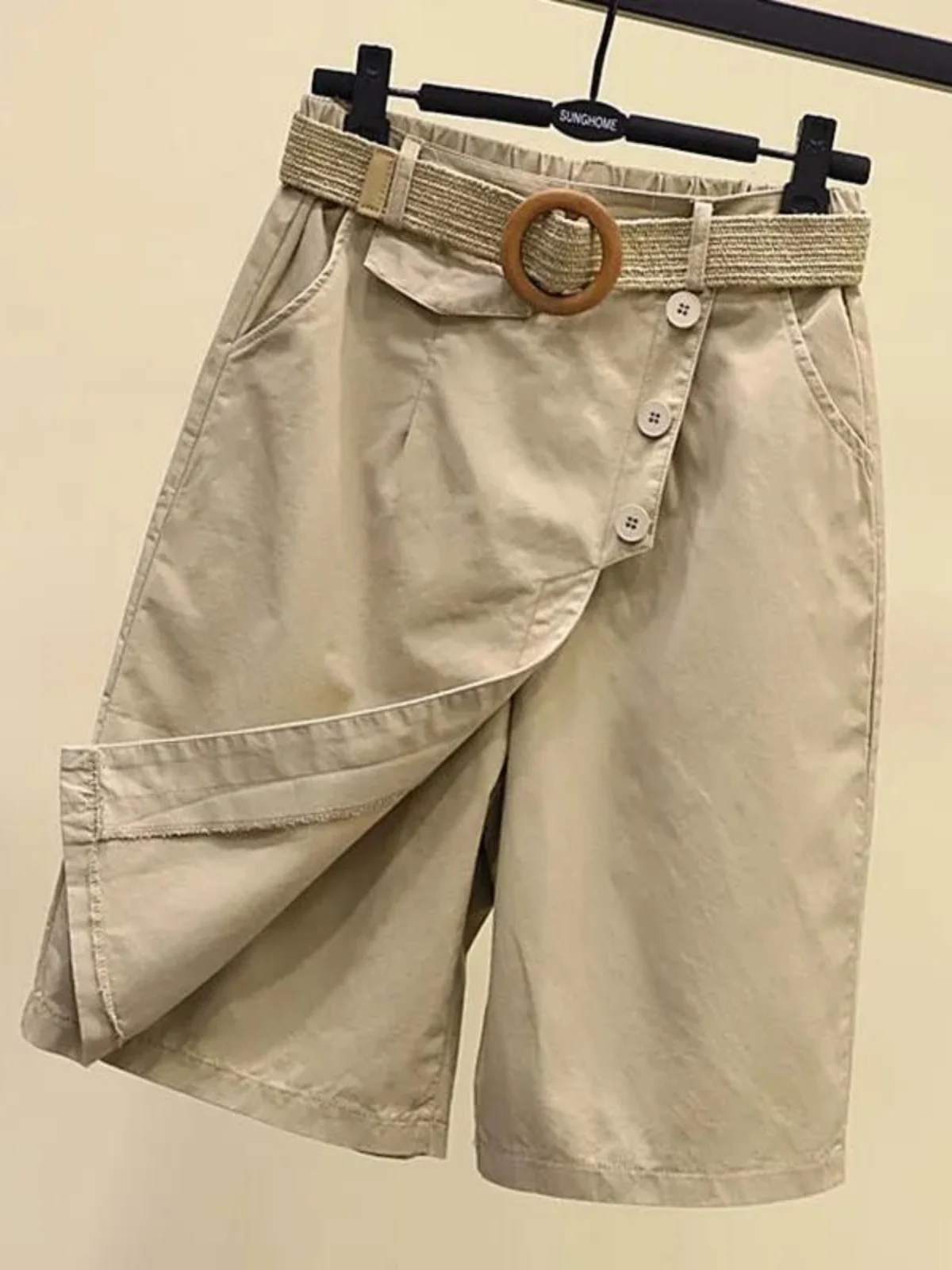 High Waist Wide Leg Pants Skirt Fashion Casual Straight Five-Quarter Length Elastic Waist Design Slimming Effect for Summer