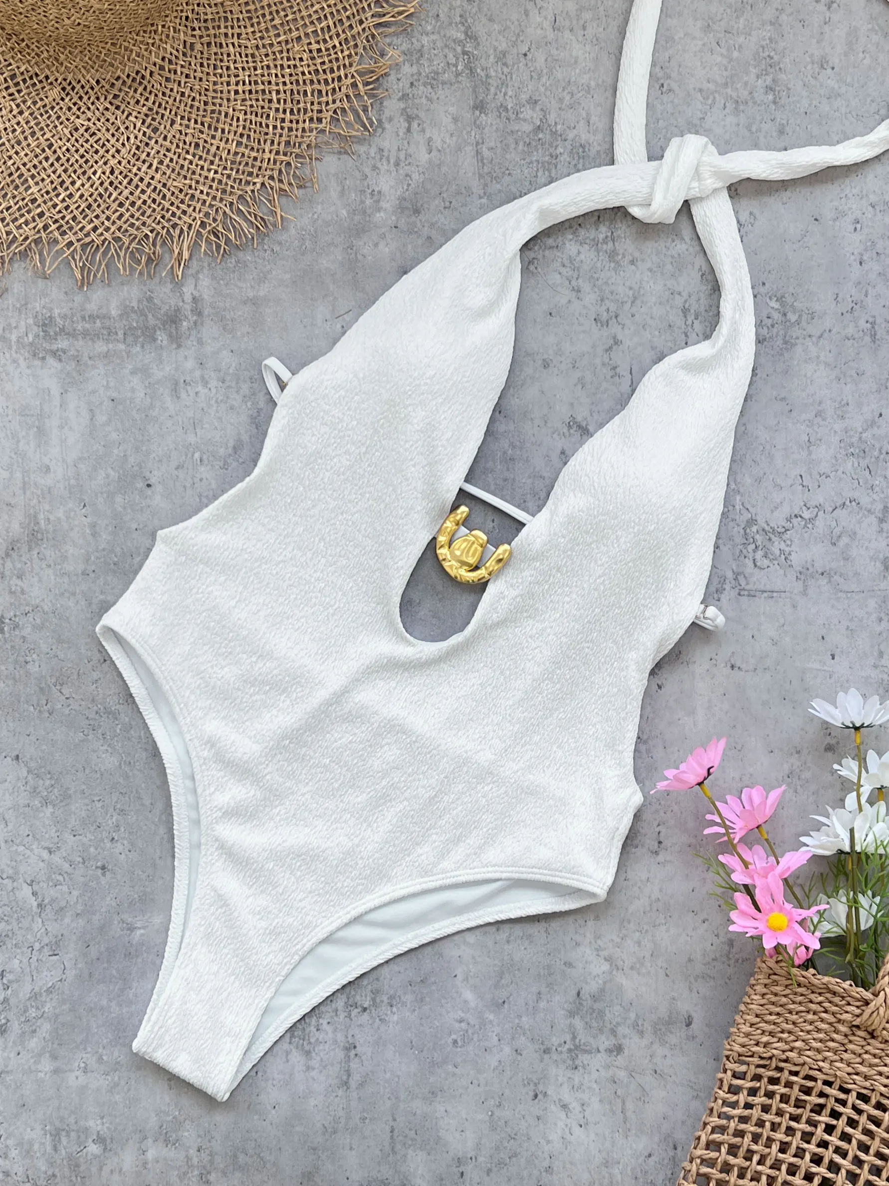 Sexy White One-Piece Swimsuit with Gold Accent Perfect for Summer Beachwear Pool Parties Special Occasions Stand Out This Summer