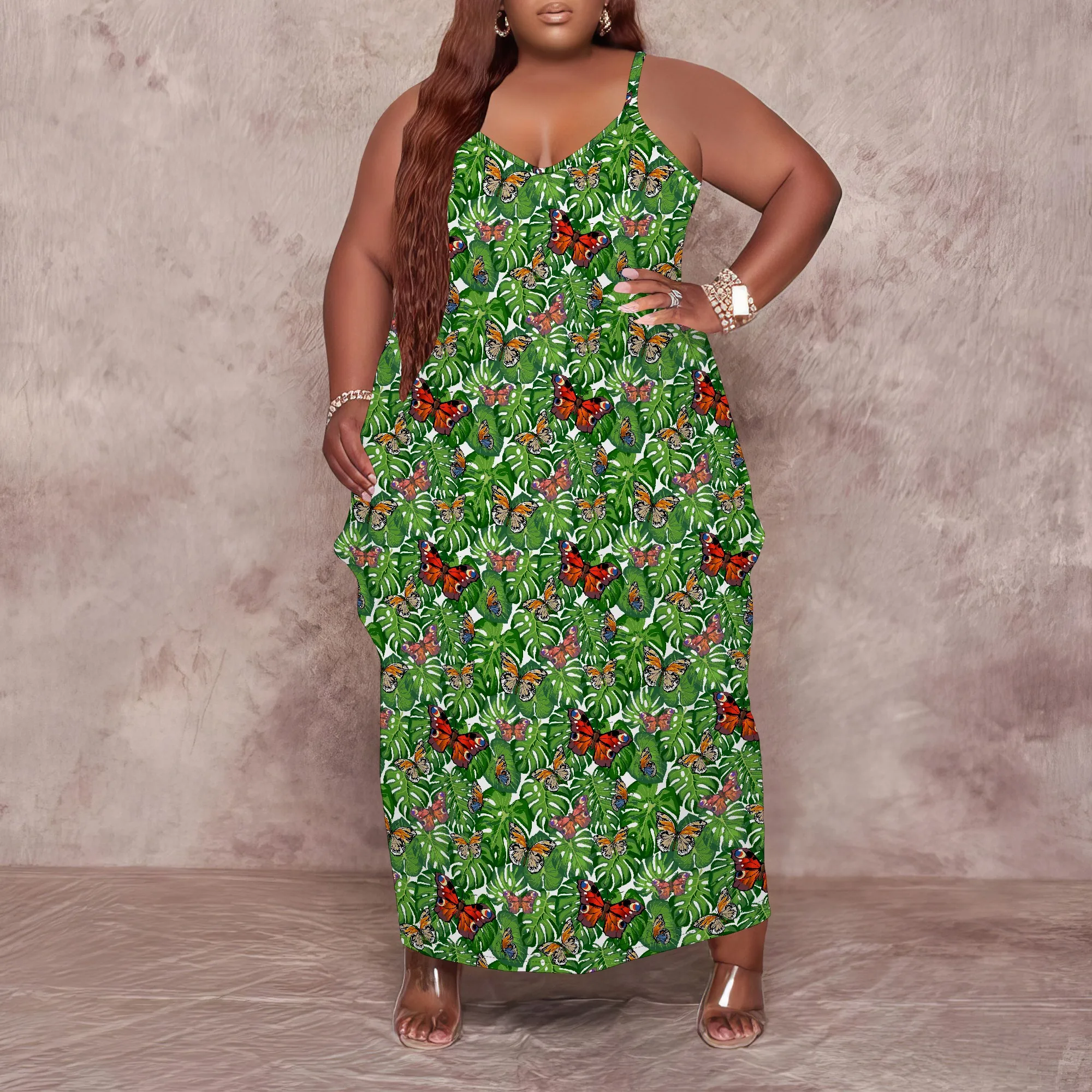 Women Plus Size Dress Loose Slip Maxi Dress with Pocket Stretchy Boho Butterfly Print XL-6XL​