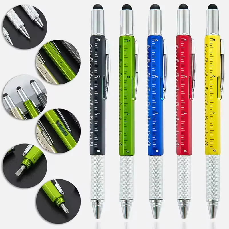 100Pcs Plastic Multi Tool Pens Touch Screen Stylus Scale Ruler Balance Bubble Level Screwdriver Smooth Writing Plastic Pens
