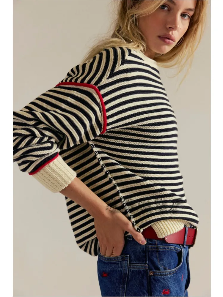 カラーブロッキングストライプニットセーター女性のためのファッション O ネック長袖ルーズプルオーバー秋冬女性カジュアル暖かいセーター