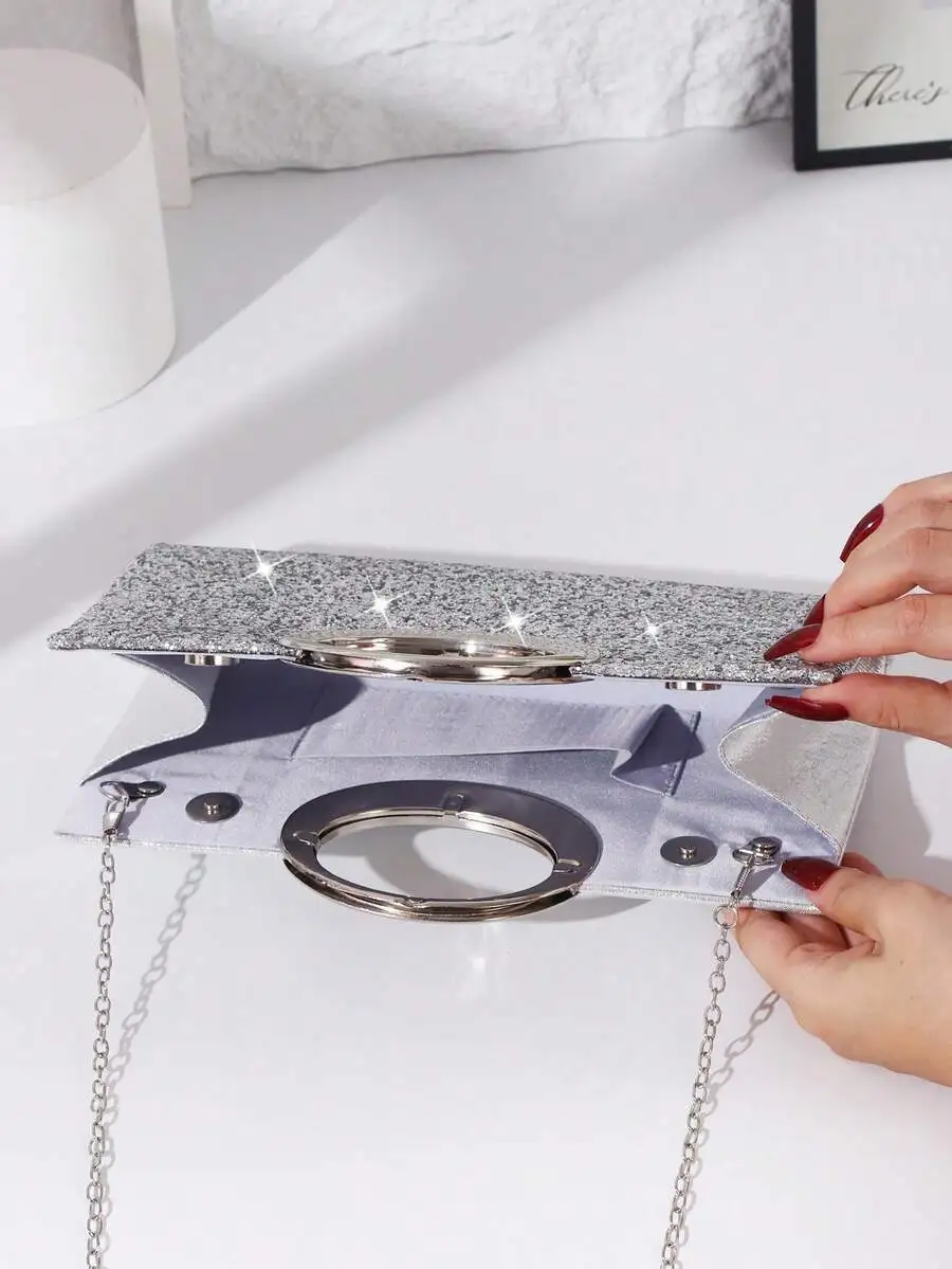 

Elegant Silver Glitter Clutch With Removable Chain Strap, Perfect For Evening Events, Weddings, And Festive Occasions