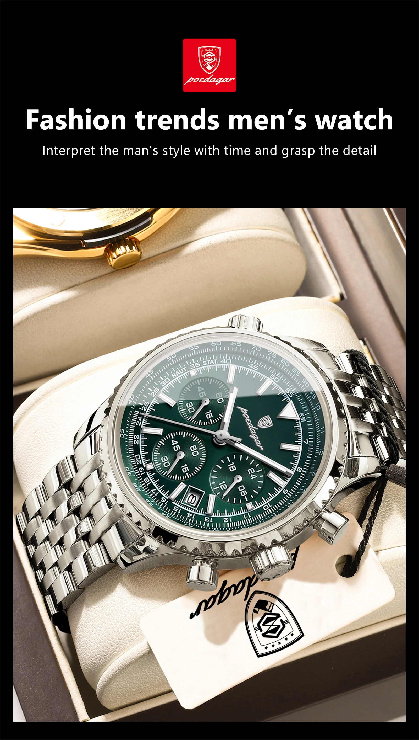 POEDAGAR Luxusuhren für Herren, Datum, Chronograph, Edelstahl, Sport-Herrenuhr, wasserdicht, leuchtender Quarz, Militär-Herrenuhr – Detail 16
