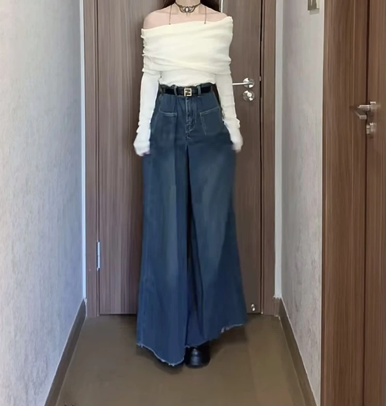 

Джинсы с высокой талией и широкими штанинами из синего денима для женщин больших размеров, свободные прямые брюки с расклешенным низом, весна-осень, зимние джинсы-юбка