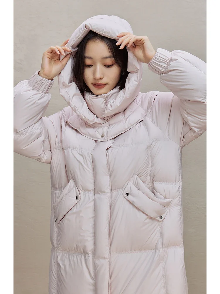 ZIQIAO Commuter Style Pink Long Down Jacket for Women 2023 New Winter Straight Loose Warm Hooded White Duck Down Coats Female