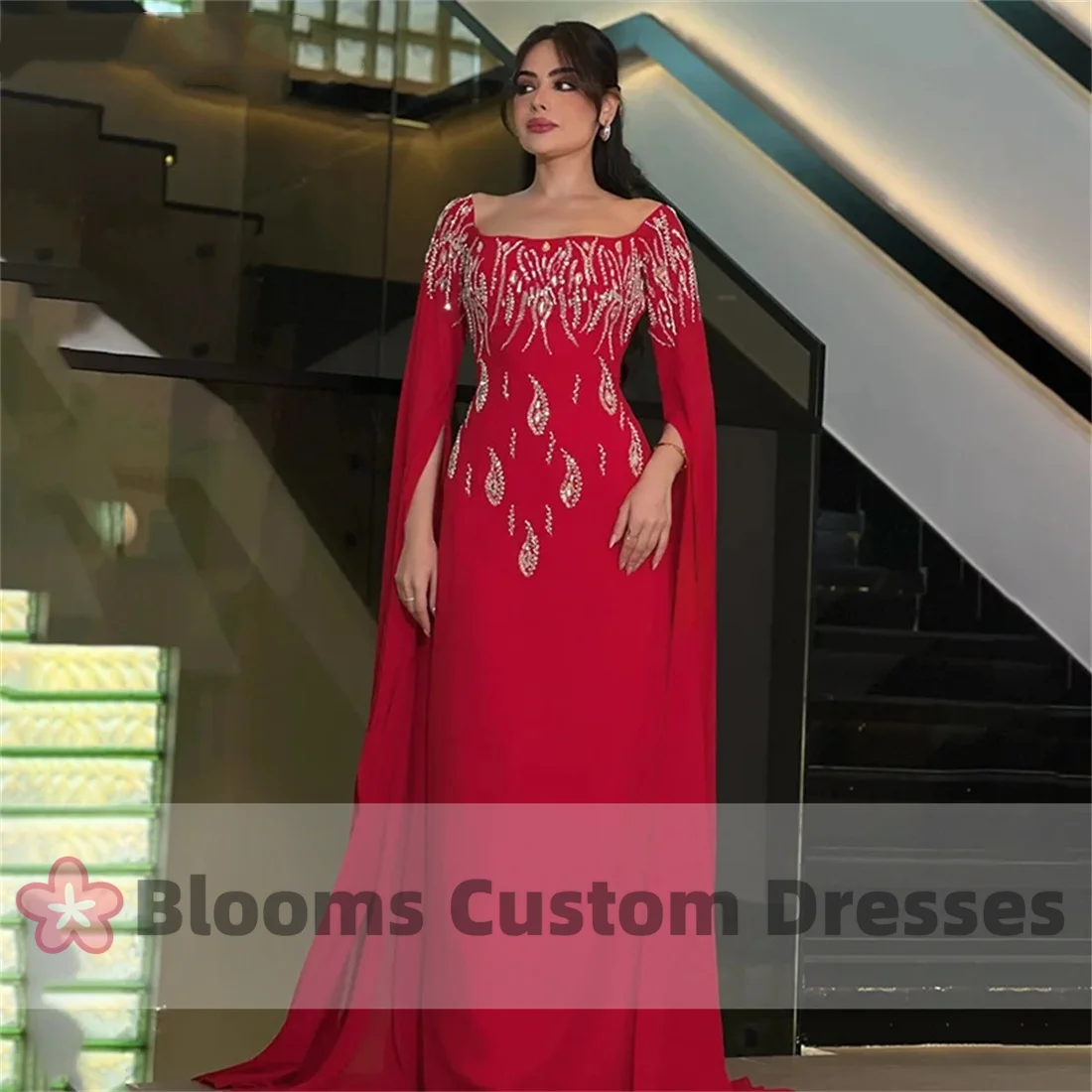 Blooms Red Vintage Square Neck Prom Gowns Women\'s Beaded Crystal Evening Gown Long Sleeves Chiffon Saudi Formal Occasion Dress