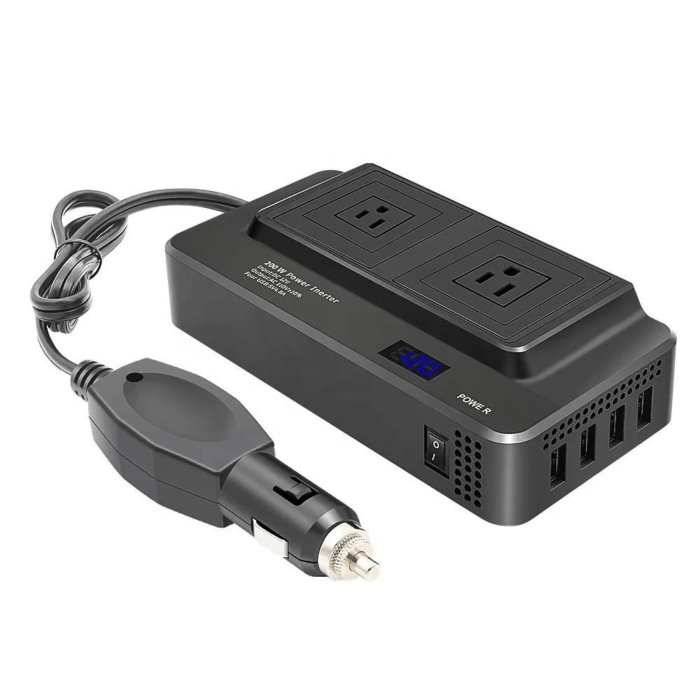 200W Car Inverter with 2 Plugs and 4 USB Ports 12V DC To 110V AC Voltage Converter for Camping Multifunctional Adapter Socket