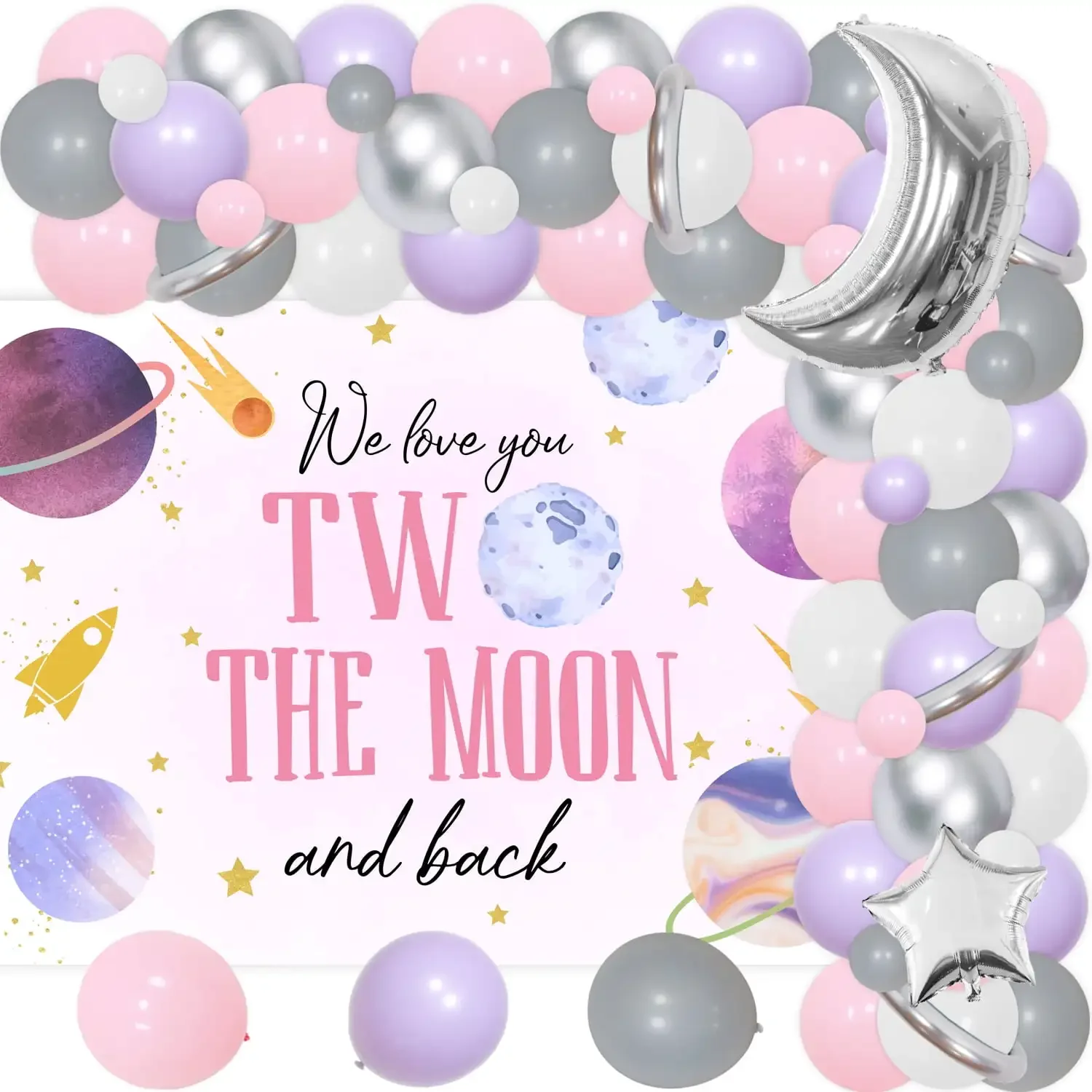 

Balloon Arch Kit for Girls, Birthday Deco, Outer Space, Pink, Moon, Star, Galaxy, Backdrop, Silver, Moon, Party Supplies, 2nd Bi