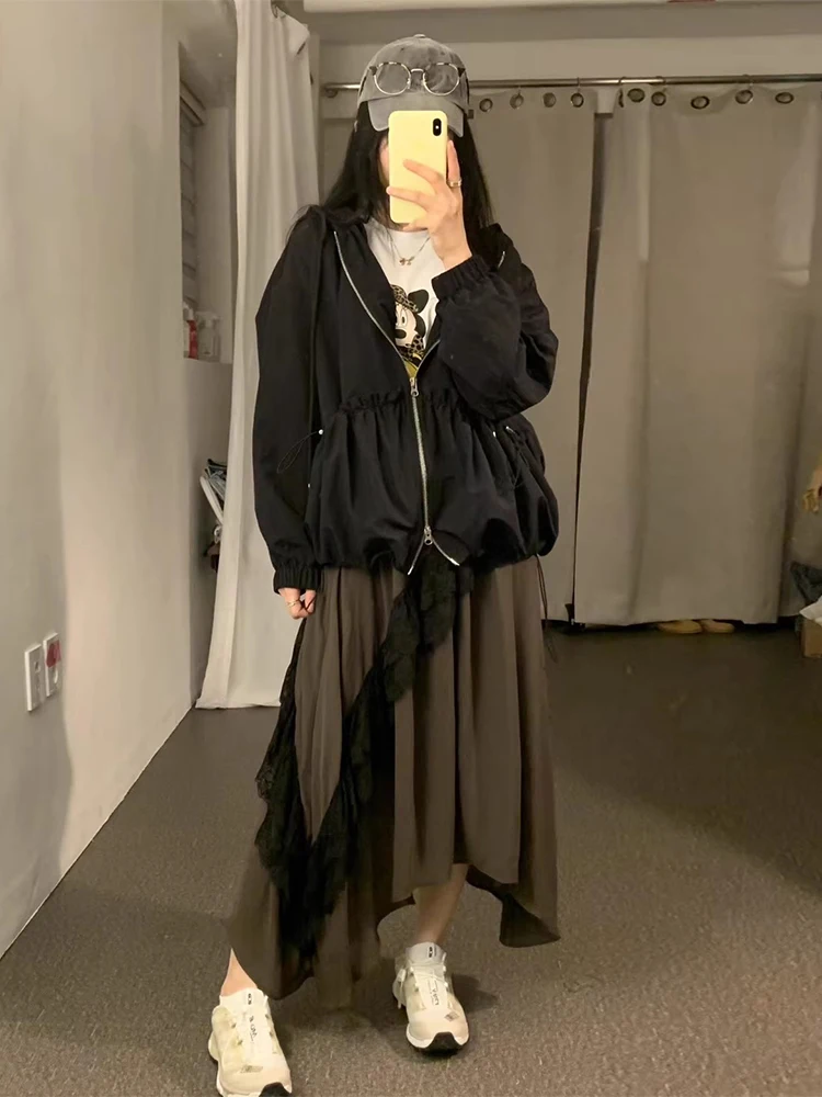 Chic automne nouveau rétro Dstring grand ket Design fermeture éclair à capuche longue Sve Jaet vêtements d'extérieur pour femmes décontracté trajet Sle