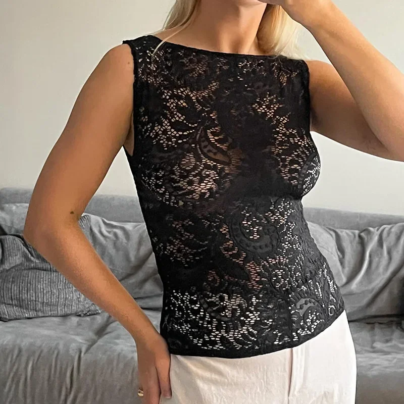 

European And American Women's Spring New Casual Round Neck Pullover With Slim Fit And Solid Color Lace Vest Top
