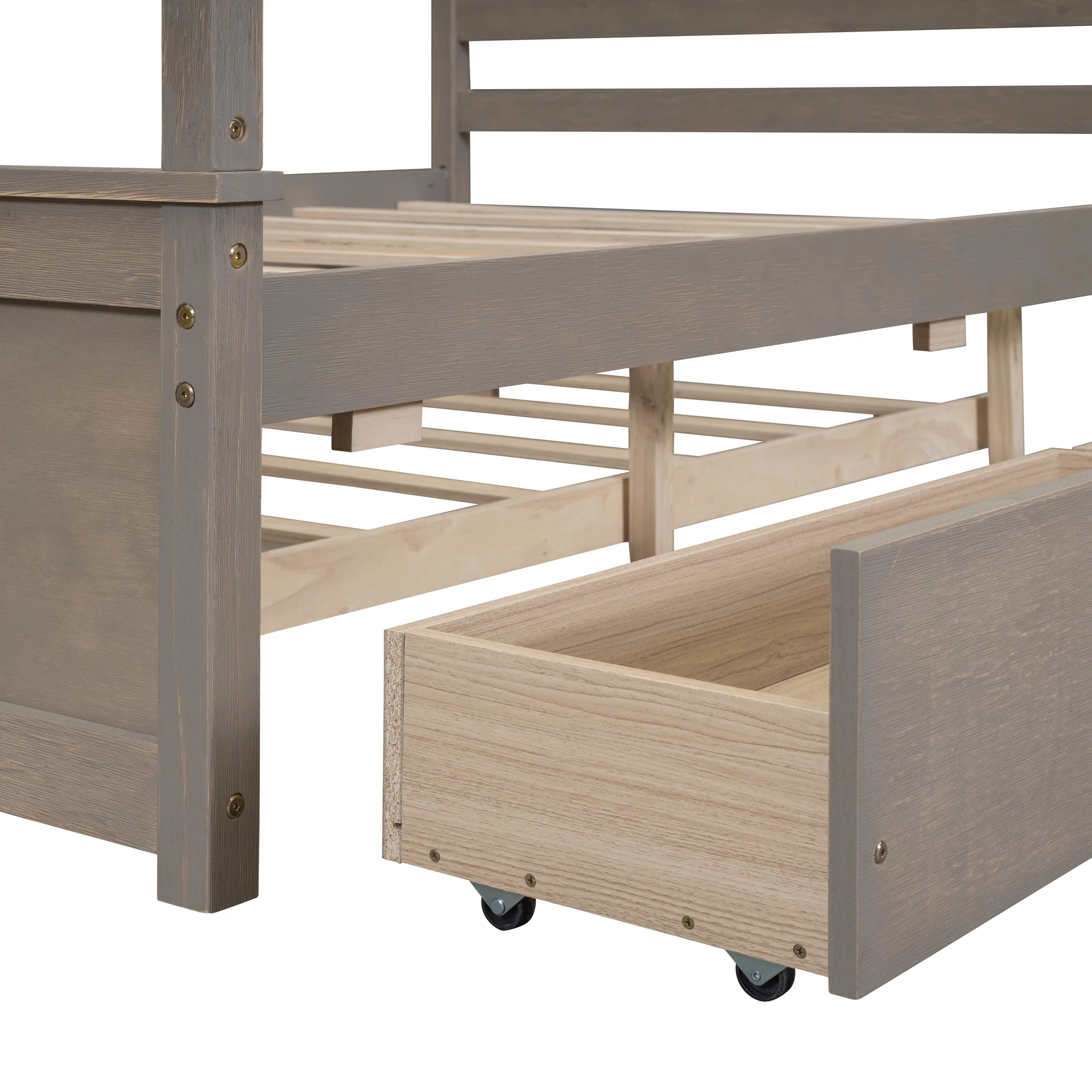 Cama con dosel de madera con cama Trundle y dos cajones, cama de plataforma con dosel de tamaño completo con listones de soporte No se necesita resorte de caja, cepillo