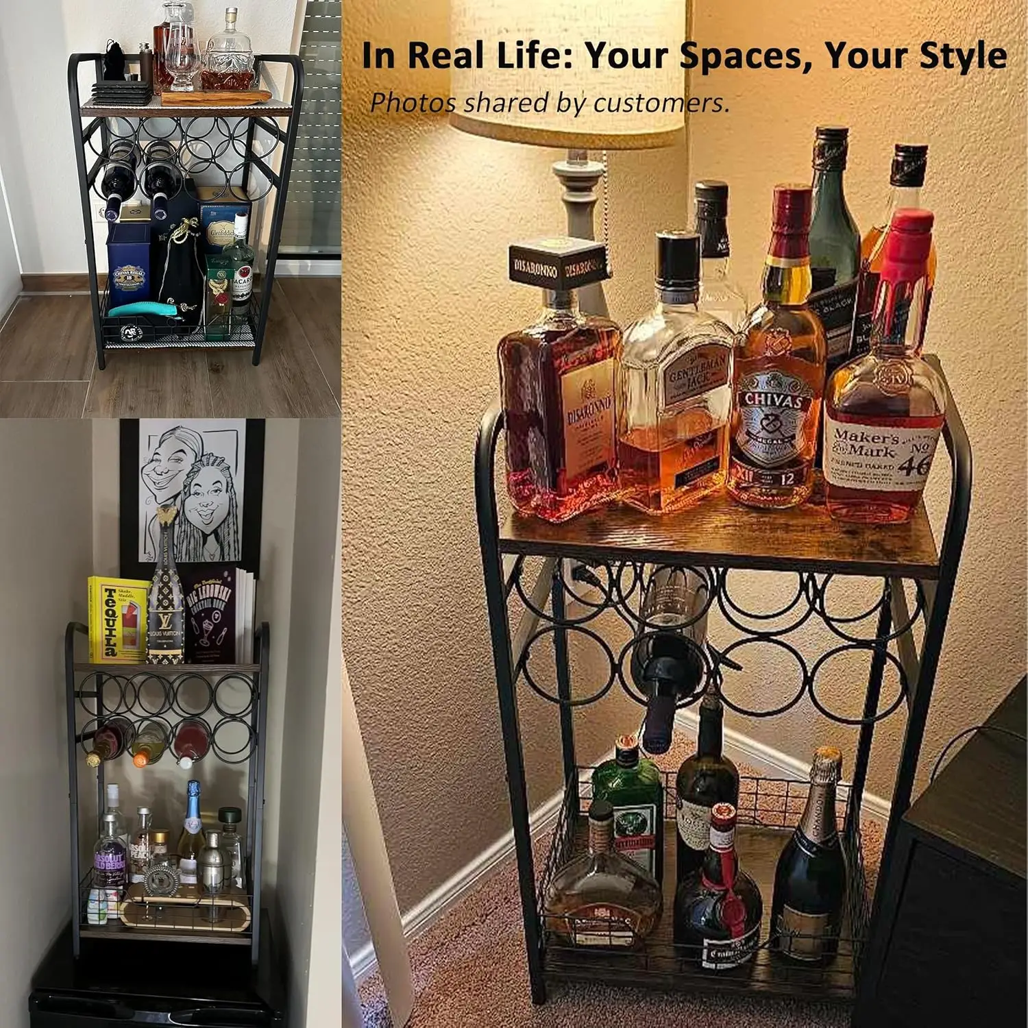 3-Tier Wine Bar Table with 8-Bottle Rack, Mini Cabinet for Whiskey Display & Storage in Living Room