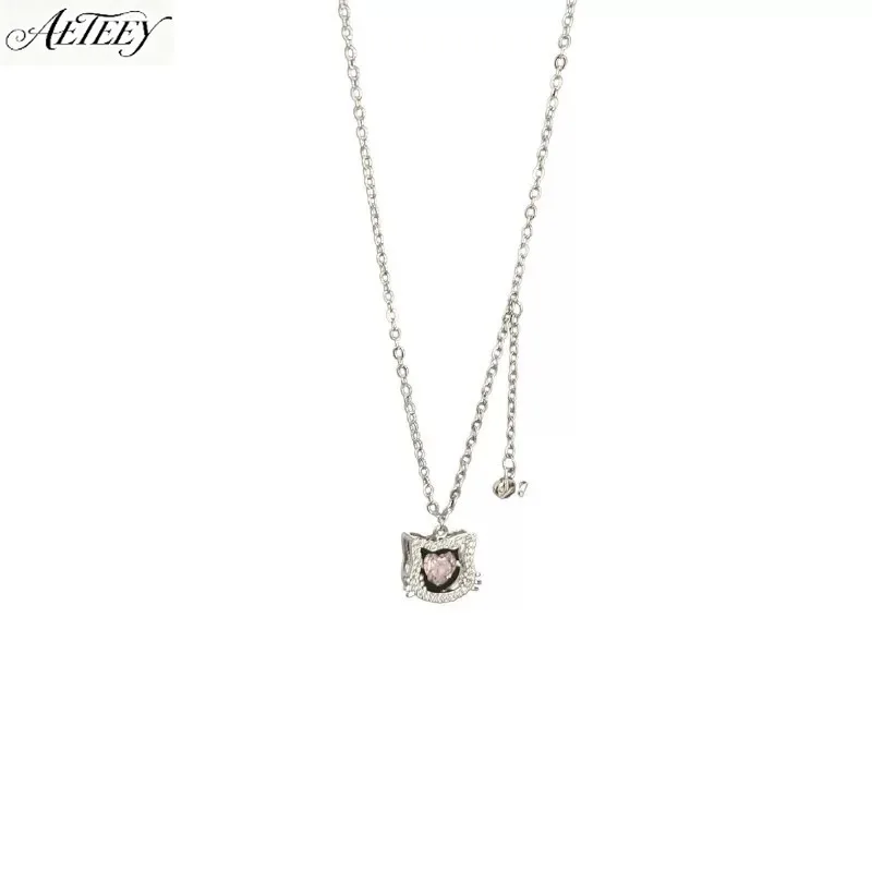 AETEEY S925 Sterling Silver Cat & Fish Heart Pink Zircon Pendant Fresh Women Clavicle Necklace Jewelry