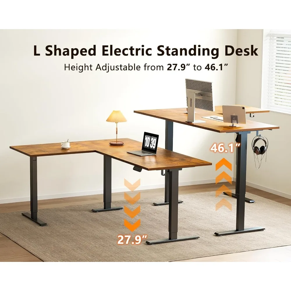مكتب كهربائي على شكل حرف L مقاس 63 بوصة، مكتب قائم زاوية بارتفاع قابل للتعديل، طاولة رفع كبيرة مريحة #4