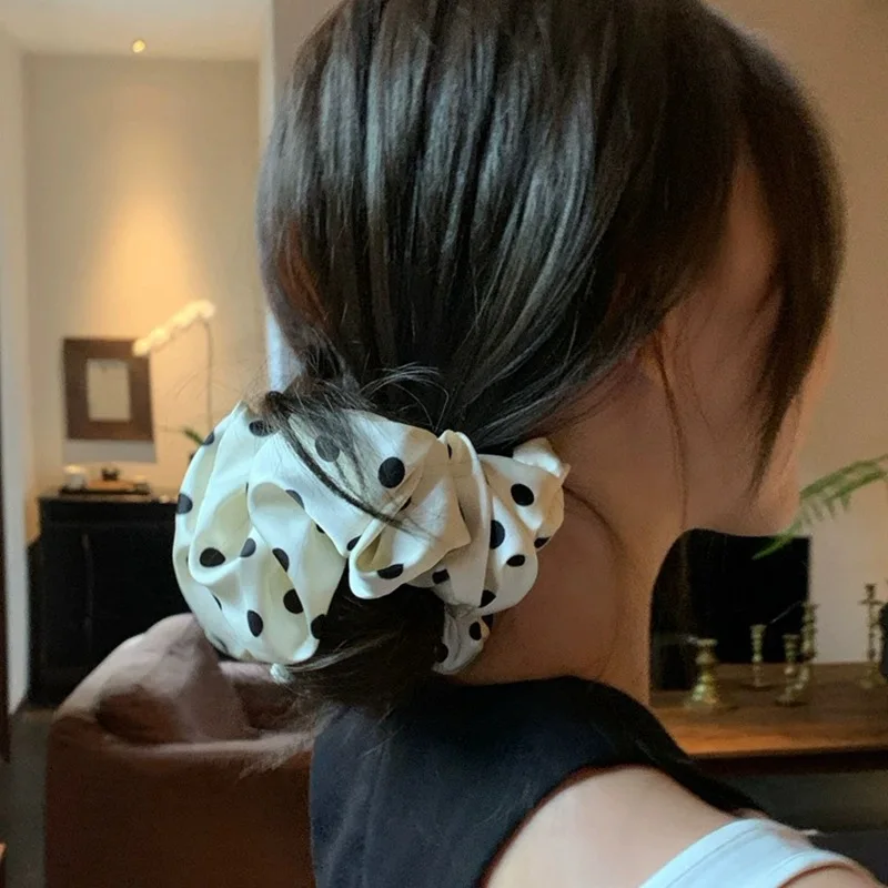 2pcs Fashion Dot Satin Scrunchies for Women White Big Hair Bands Elastic Silk Hair Tie Girls Black Ponytail Holder Hair Rope