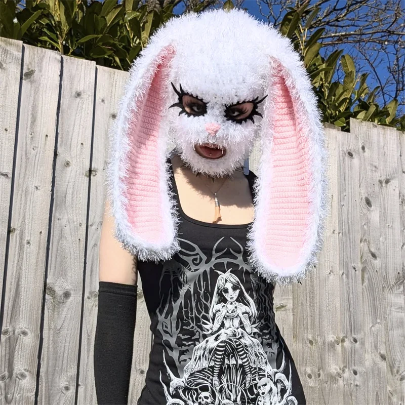 Handmade Crochet Fluffy White Bunny Mask with Pink Lined Oversized Ears, Gothic Spooky Style  Pink Inner Ears, and That Unmista