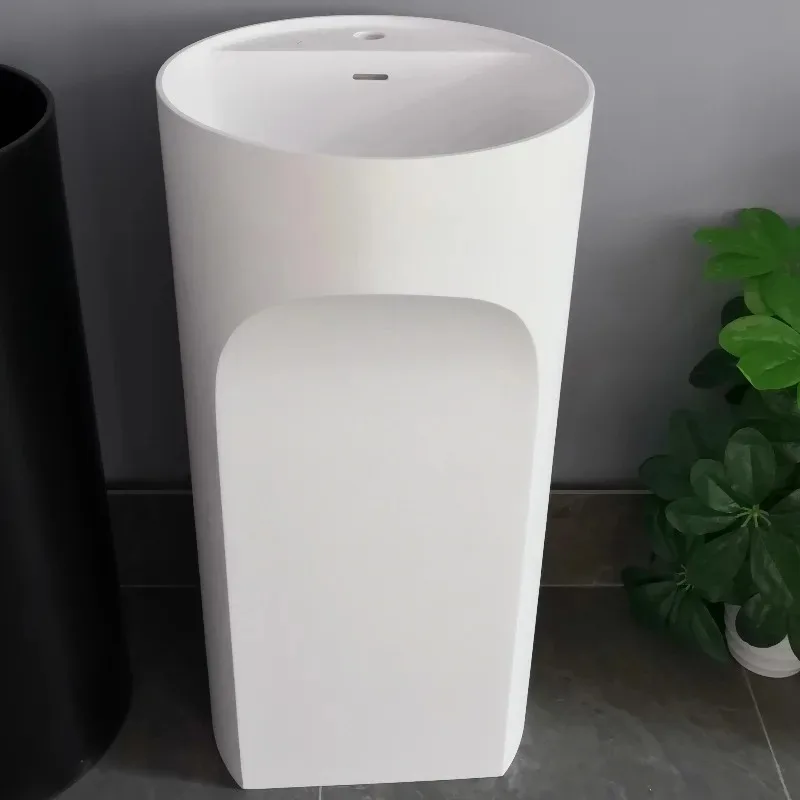 

Modern Round Solid Surface Freestanding Bathroom Sink Matte White Artificial Stone Pedestal Basin Luxury Washroom Design