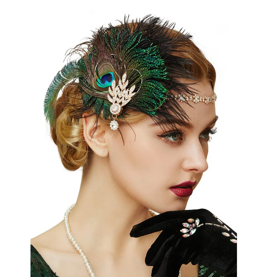 

1920s Flapper Retro Feather Hair Ornament Great Gatsby Peacock Hair Alloy Sparkling Diamond Headband Makeup Ball Ornament