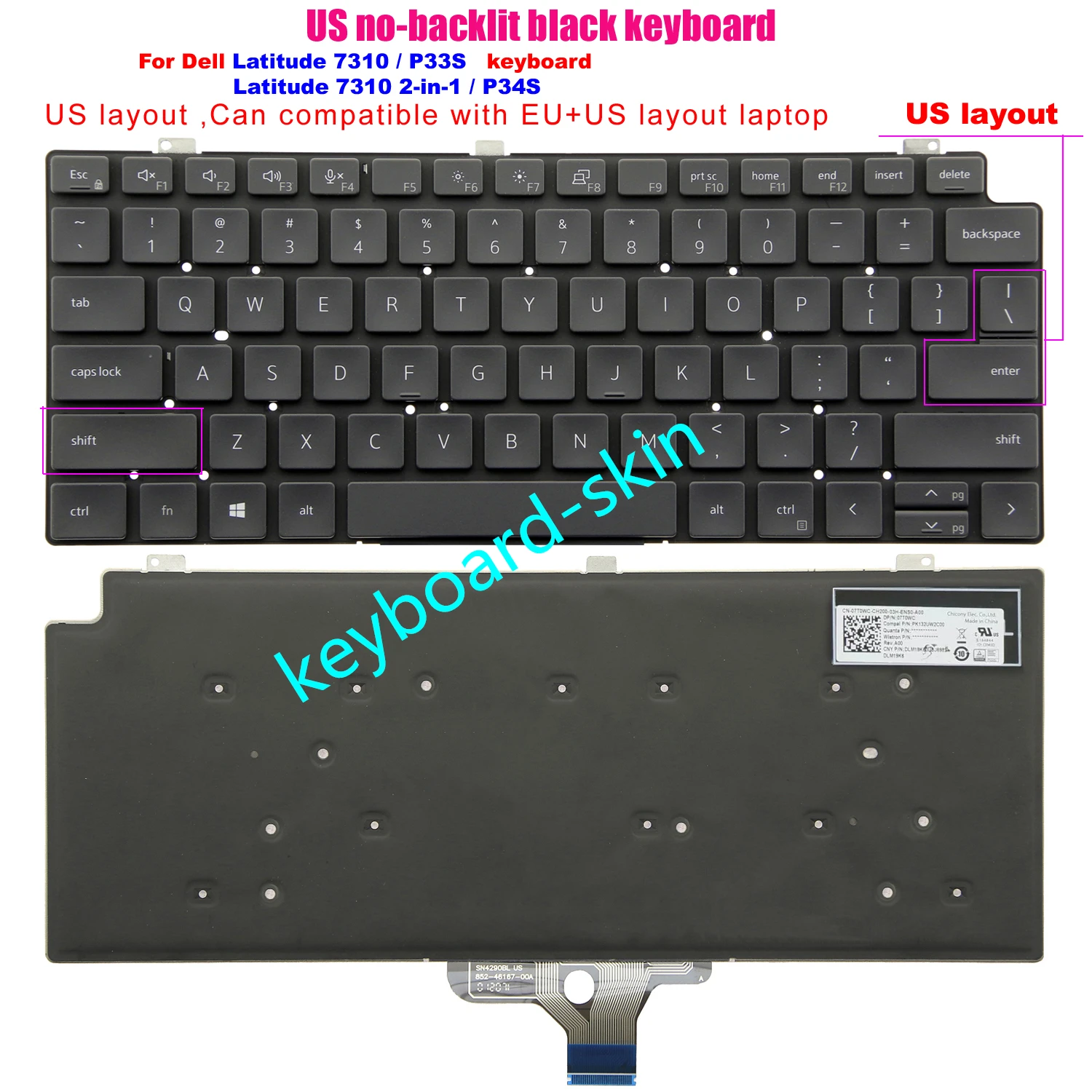 

New US No-Backlit Keyboard For Dell Latitude 7310 P33S / 7310 2-in-1 P34S 00RN3W laptop