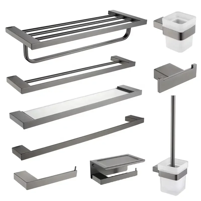 Gun Grey 304 Stainless Steel Bathroom Accessories Set Hotel Style Hardware Kit Durable Bath Fittings Modern Design Modern