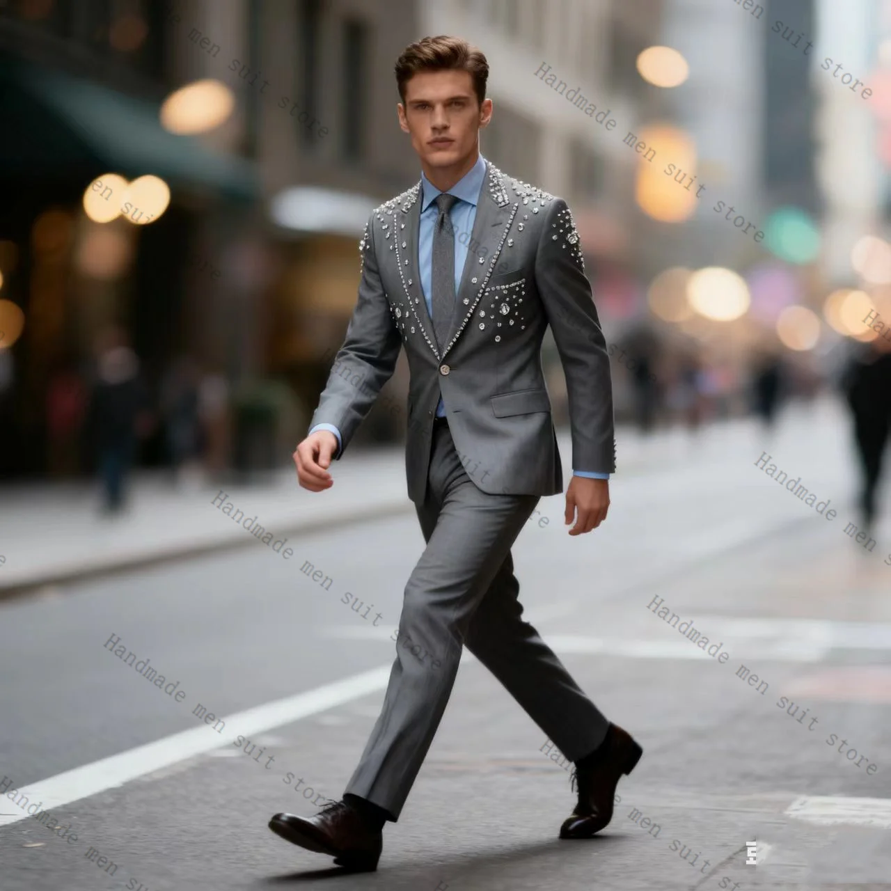 

Grey Cotton Men Suit Set 2 Piece Crystals Blazer+Pants Prom Wedding Tuxedos Coat Customized Formal Office Fashion Jacket