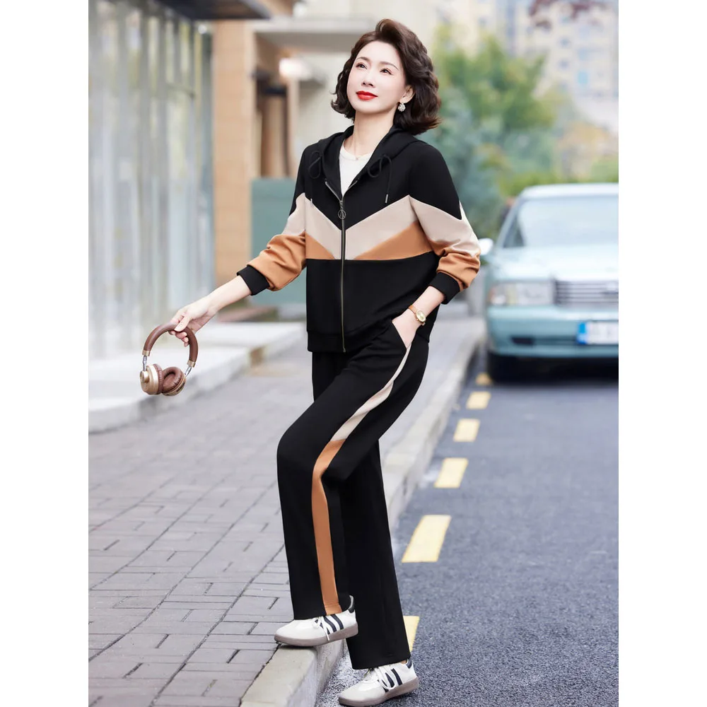 

5XL Middle-aged Elderly Women Leisure Sports Set Spring Fall Long Sleeve Zipper Jacket + Pants 2PCS Mother Tracksuit Suit Outfit