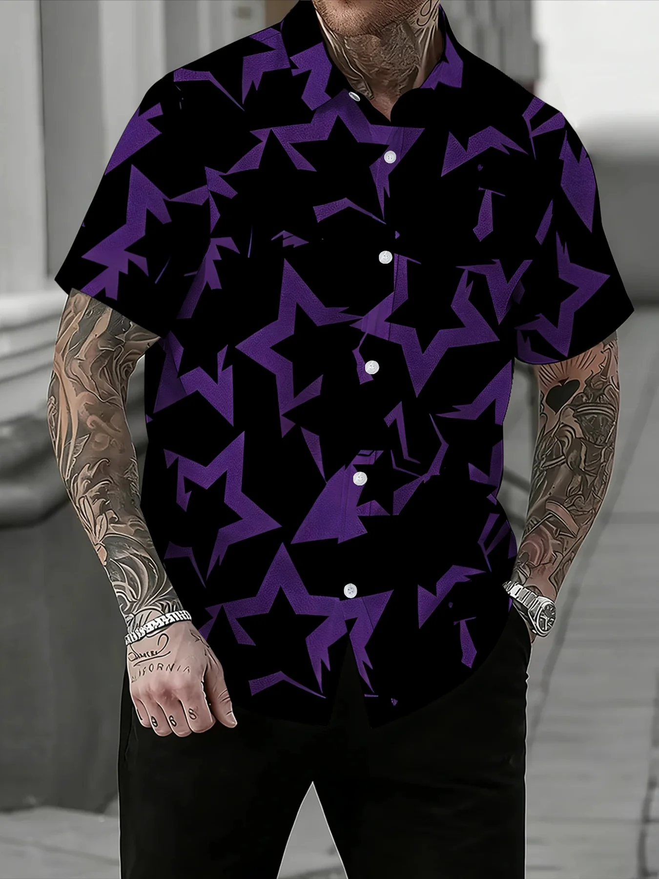 Dark Style Irregular Purple Star Mens Shirt, Regular-fit All-over Star Graphic Short-sleeve Button-up Shirts for Daily Wear,